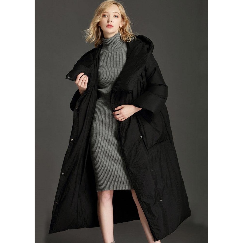 Fitted Black hooded Pockets Loose Winter Duck Down Puffer Coat