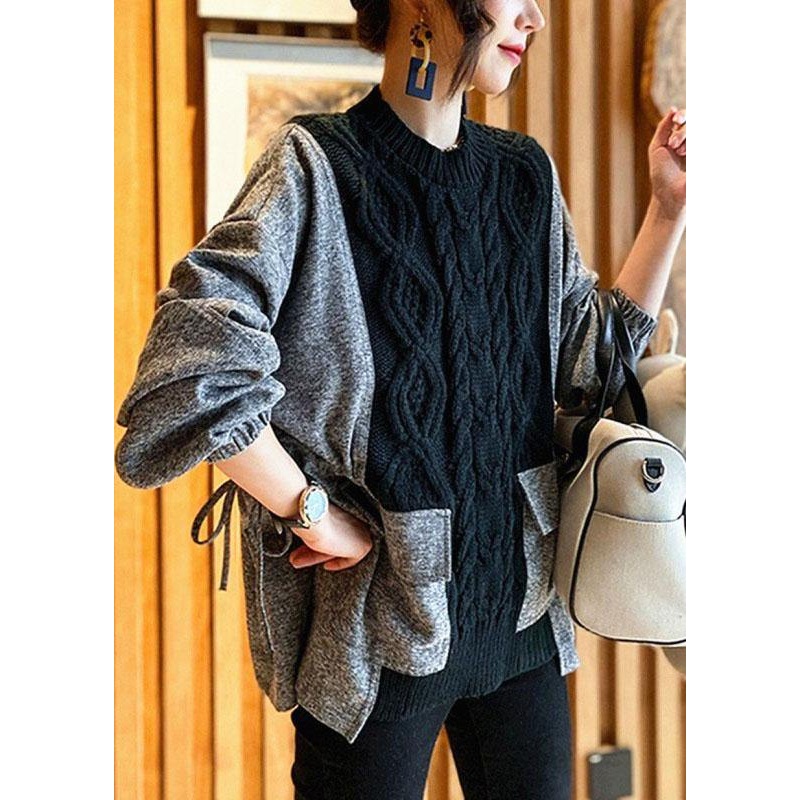 Fitted Black O-Neck Knit Patchwork Loose Fall Sweater