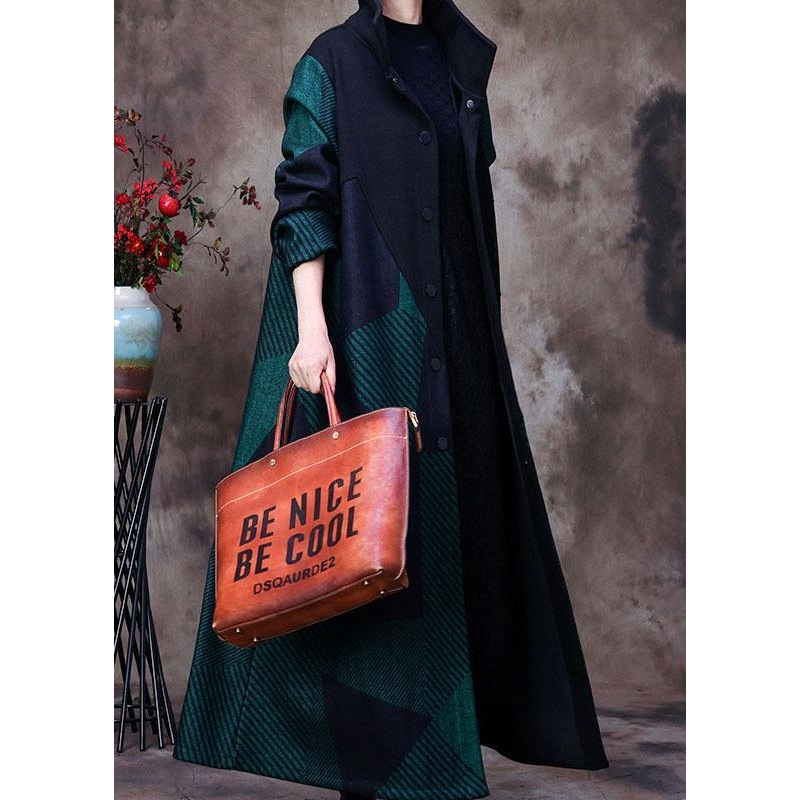 Fitted Green Patchwork Woolen Coats Winter