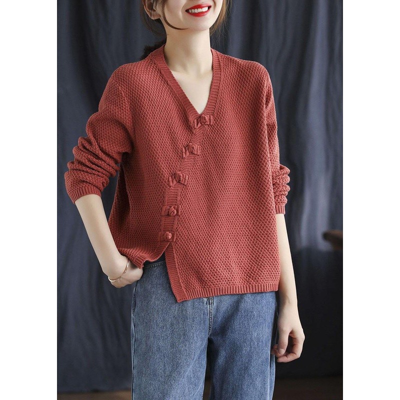 Fitted Red V Neck Button Patchwork Fall Knitted Sweaters