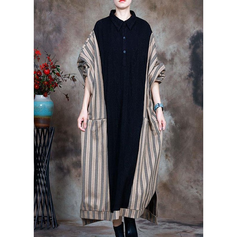 French Black Patchwork Striped Button Fall Sweater Dress
