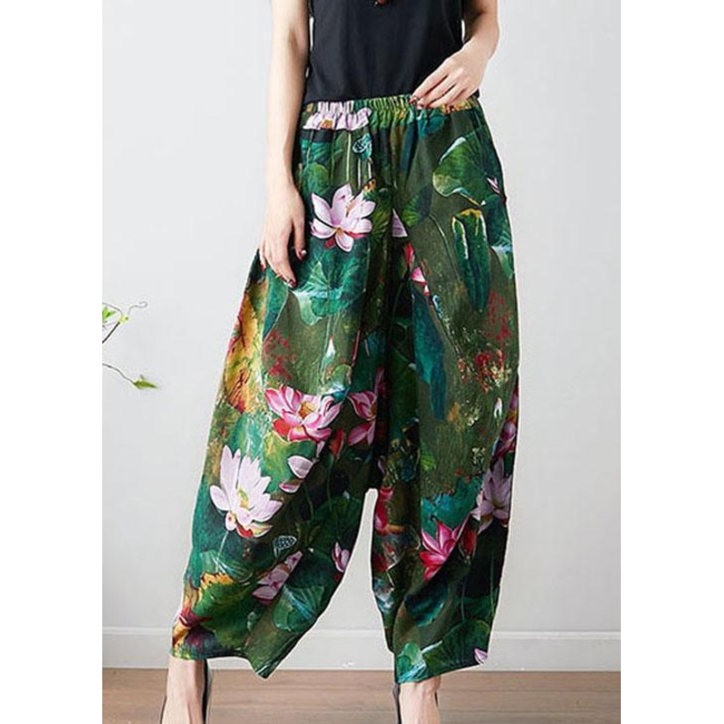 French Green Loose Oriental Print Pockets Fall Pants Trousers