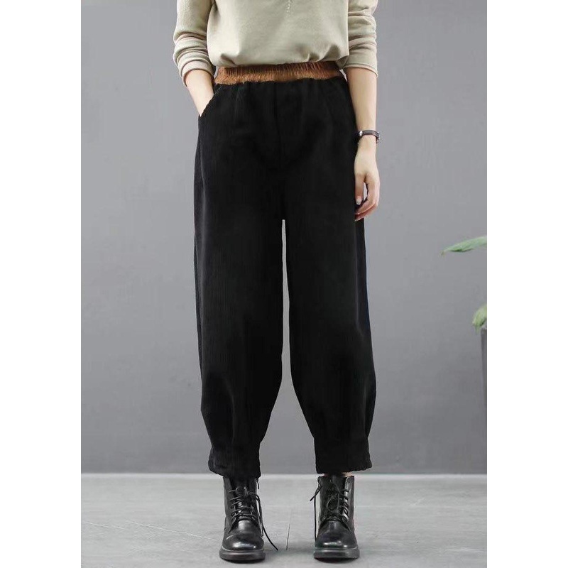 Handmade Black Casual Pockets Thick Harem Fall Pants