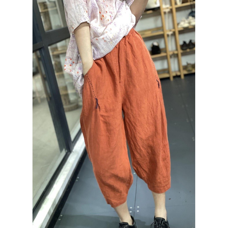Handmade Orange Elastic Waist Oriental Jogging Fall Pants