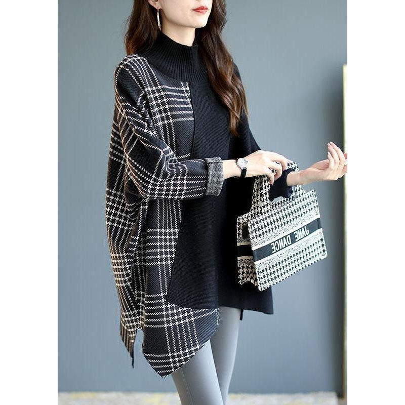 Italian Black asymmetrical design Patchwork Plaid Fall Knit sweaters