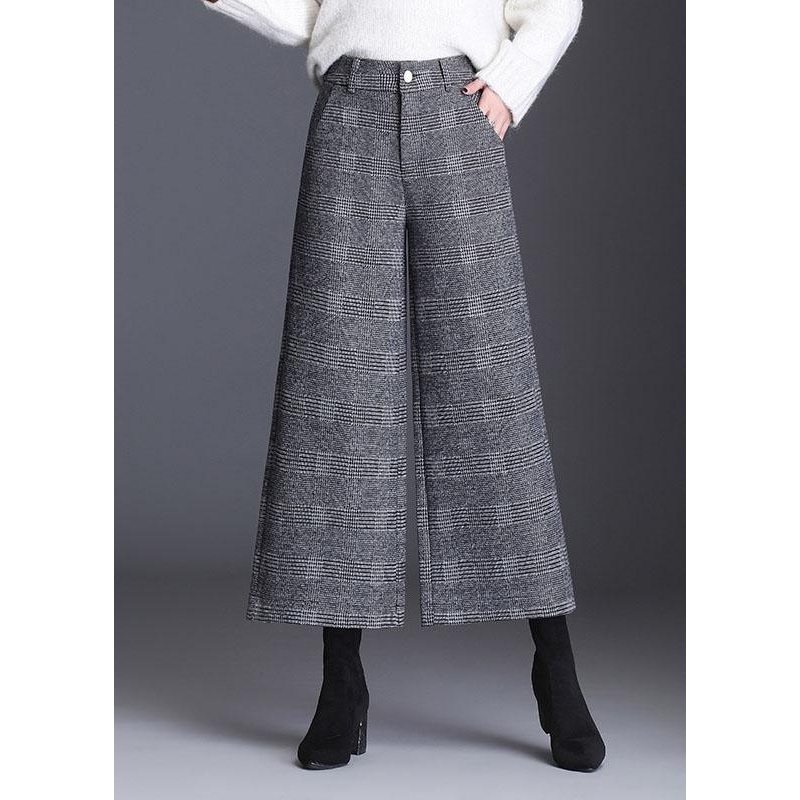 Italian Grey Plaid Pockets Casual Straight Fall Pants