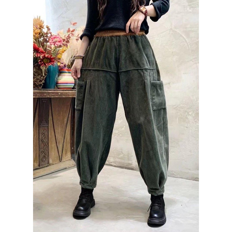 Loose Green Corduroy Patchwork Thick Cargo Winter Pants