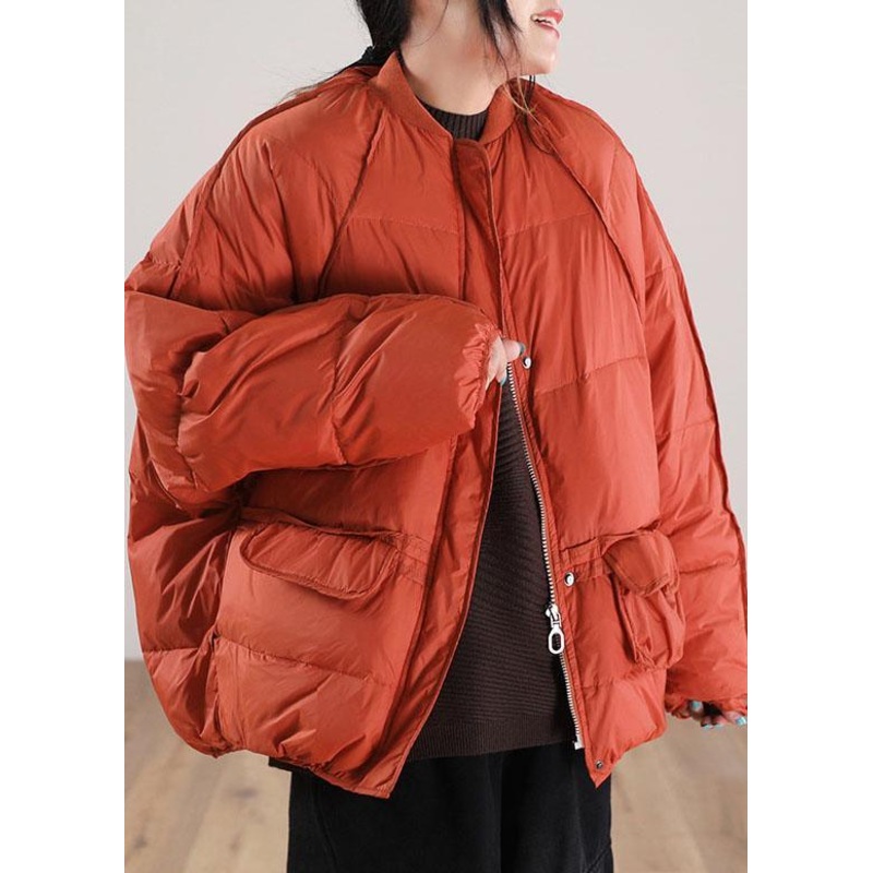 Loose Orange Zip Up Pockets Duck Down Winter Coats Winter
