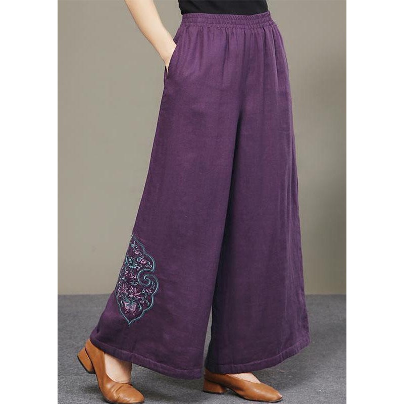 Loose Purple Pockets Embroidered Thick Wide Leg Fall Pant