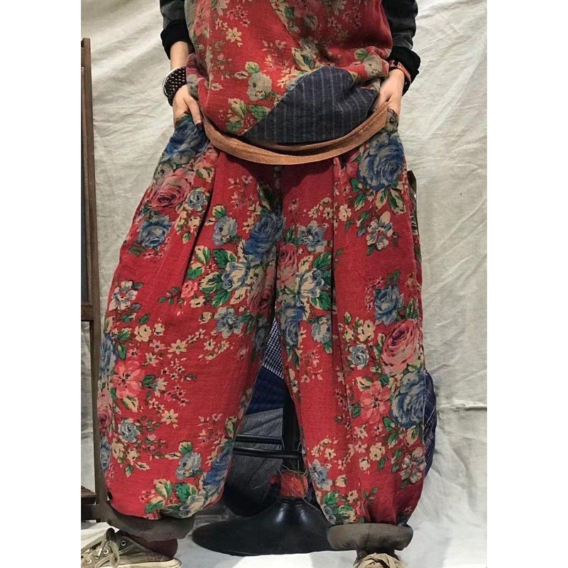 Modern Red Oriental Print Thick Harem Winter Pants