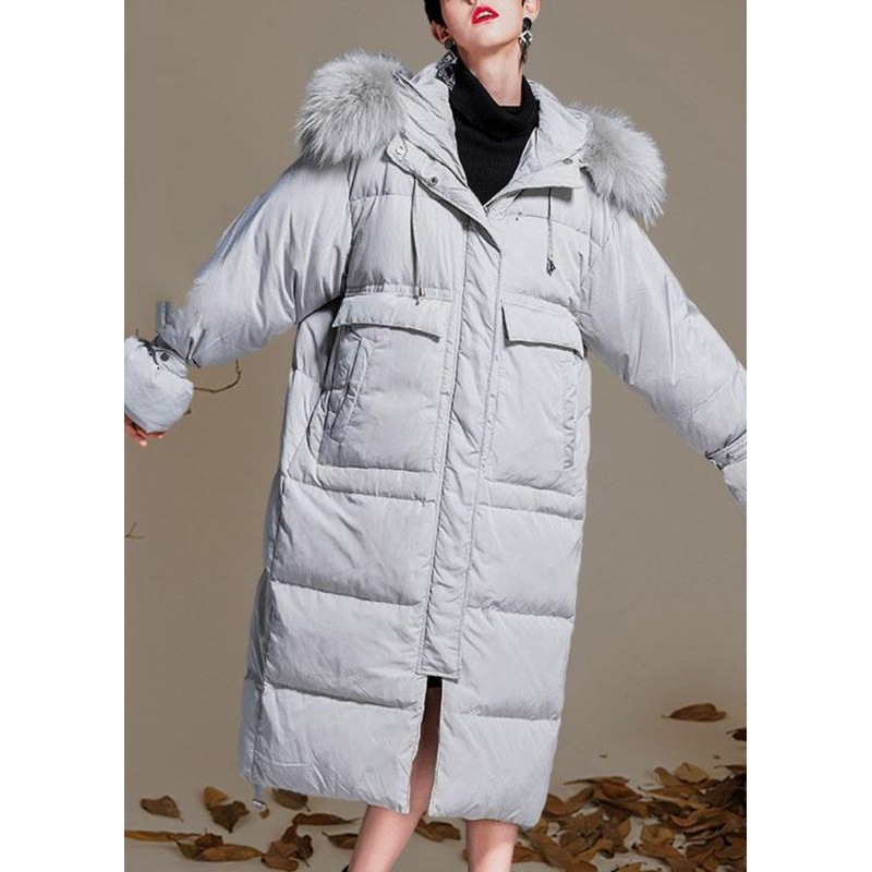 New White Grey Pockets zippered Rabbit hair collar Loose Winter Duck Down Coats
