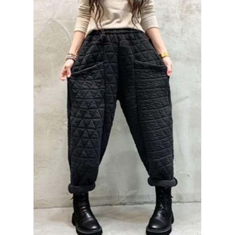 Organic Black Elastic Waist Thick Pockets Casual Winter Pants