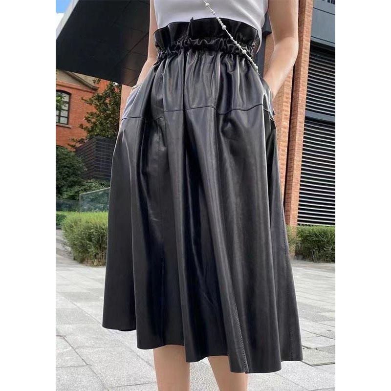 Plus Size Black Pockets wrinkled Patchwork Sheepskin Fall Skirt