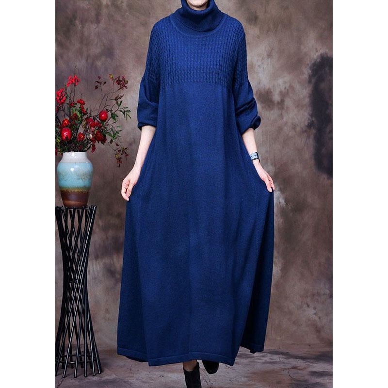 Plus Size Blue Turtle Neck Long Knit Dress Winter