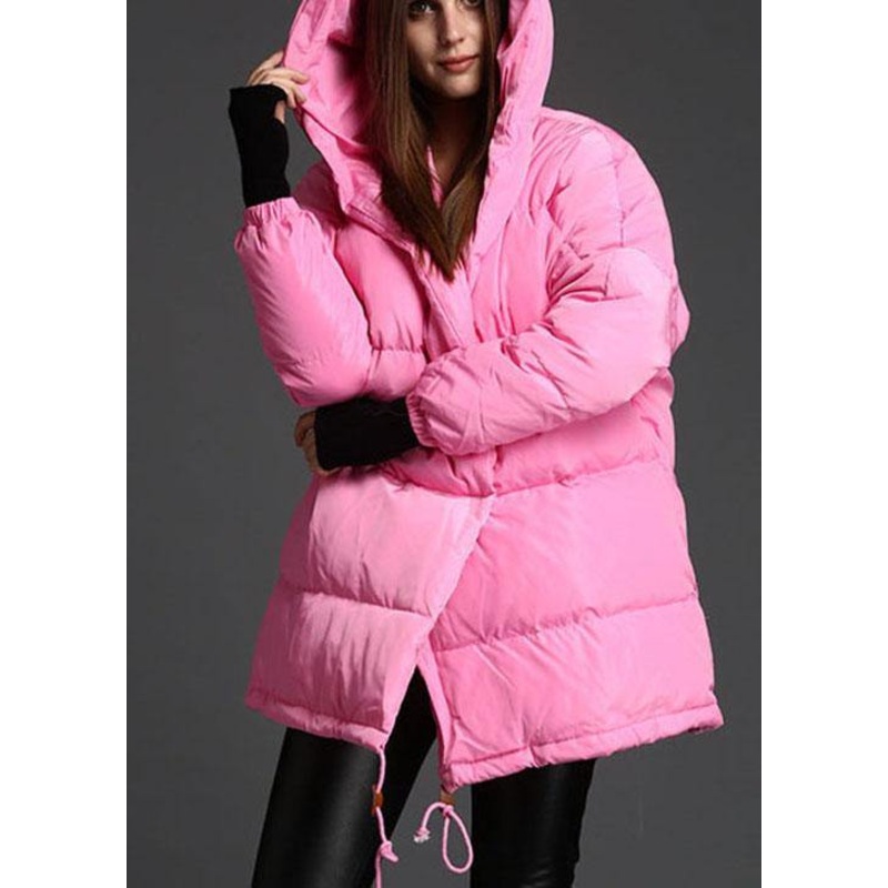 Plus Size Pink Hooded Drawstring Winter Duck Down Down Coat