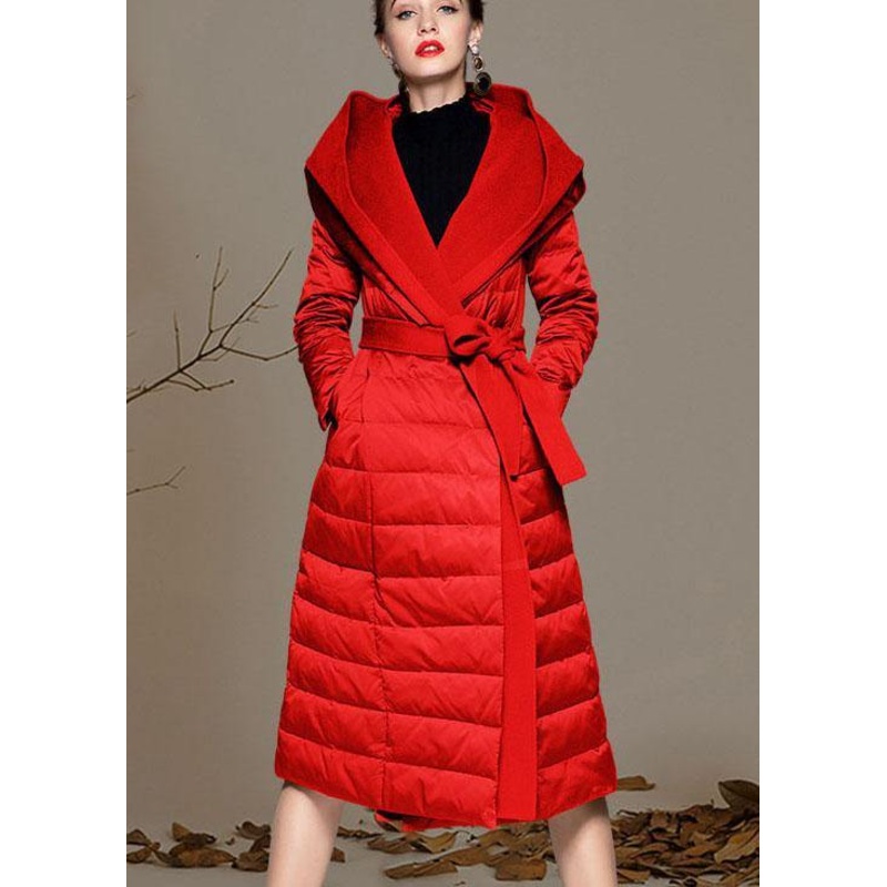 Red hooded Patchwork slim fit Winter Duck Down Coats