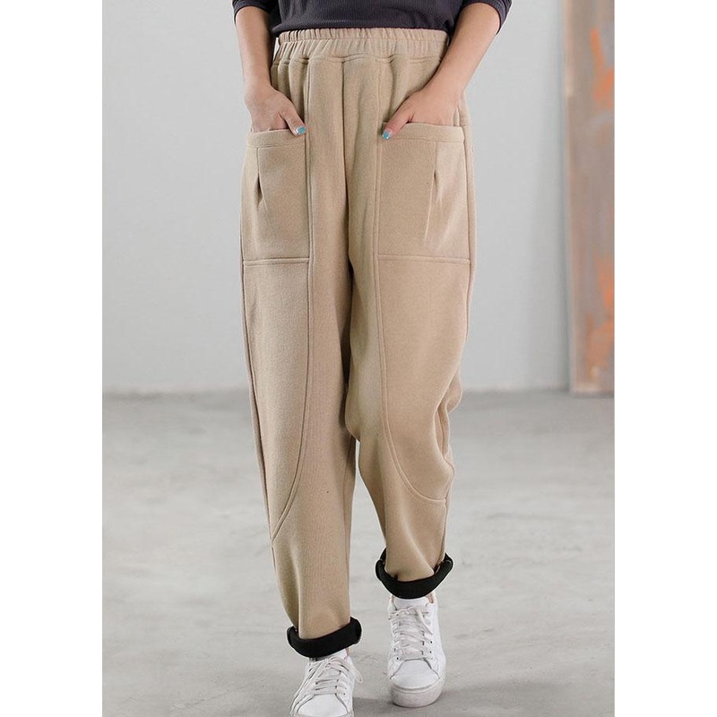 Simple Khaki Pockets Warm Fleece Pants Winter