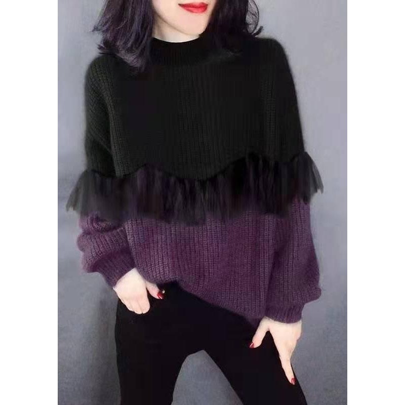 Style Black Purple fashion O-Neck Patchwork Fall Knitted sweaters