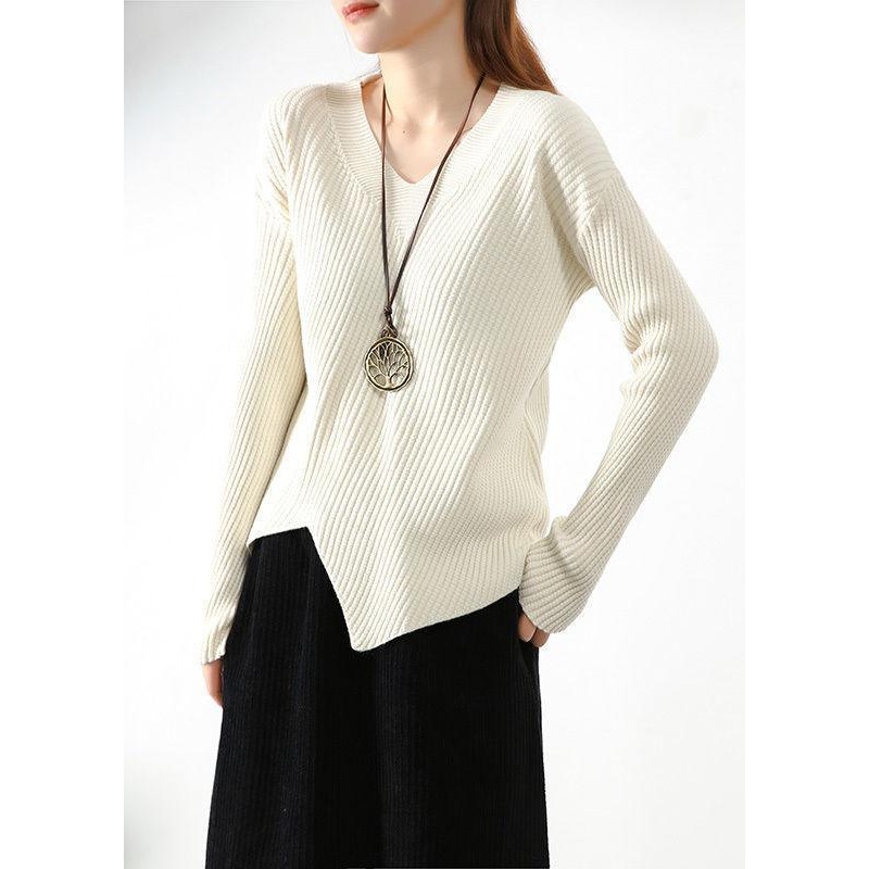 Stylish Apricot V Neck asymmetrical design Fall Knit sweaters