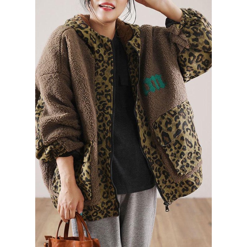Stylish Brown Hooded Patchwork Leopard Faux Fur Jackets Winter