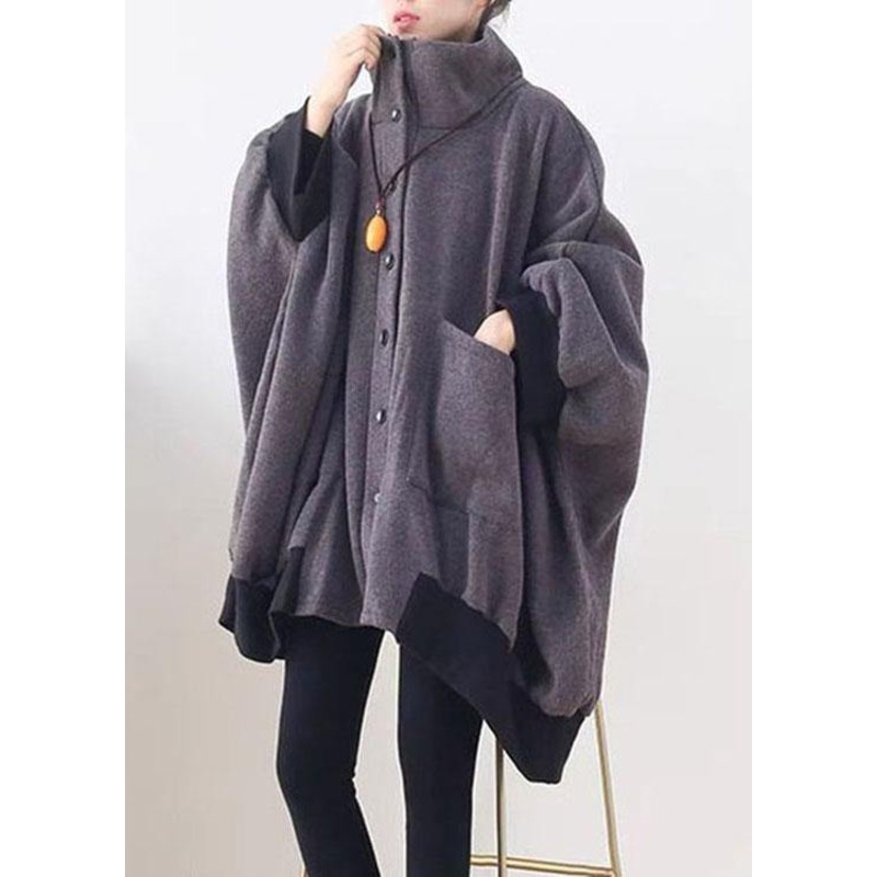 Stylish Dark Gray Pockets Button Knit asymmetrical design Fall Loose Sweatshirts Coat