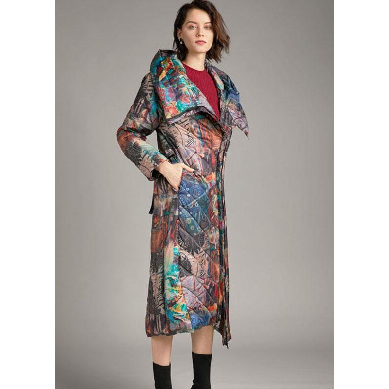 Trendy tie waist slim fit long Print Winter Duck Down down coat