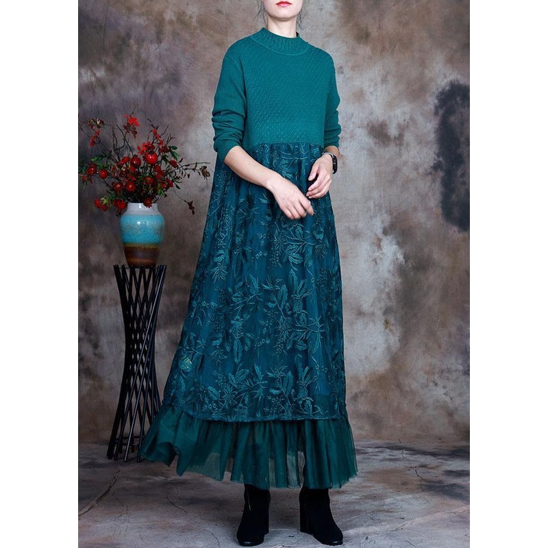 Vintage Blue slim fit Lace Patchwork Knit Fall Wool Dress