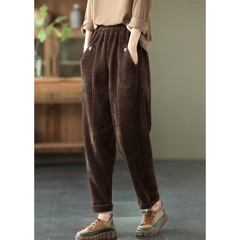 Vintage Coffee Thick Button Pockets Straight Casual Fall Pants