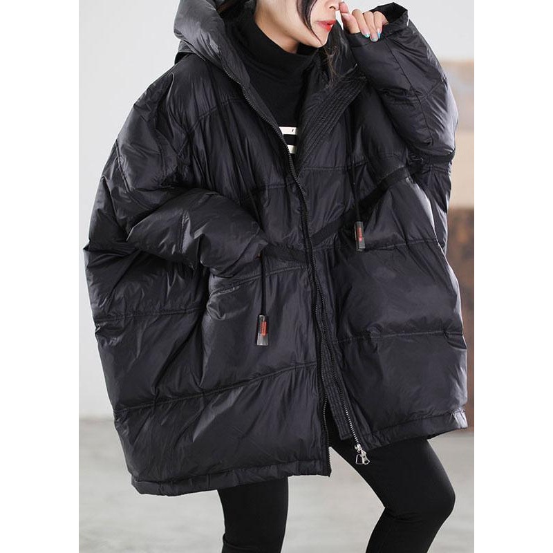 Women Black Hooded drawstring Duck Down Down Jacket Winter