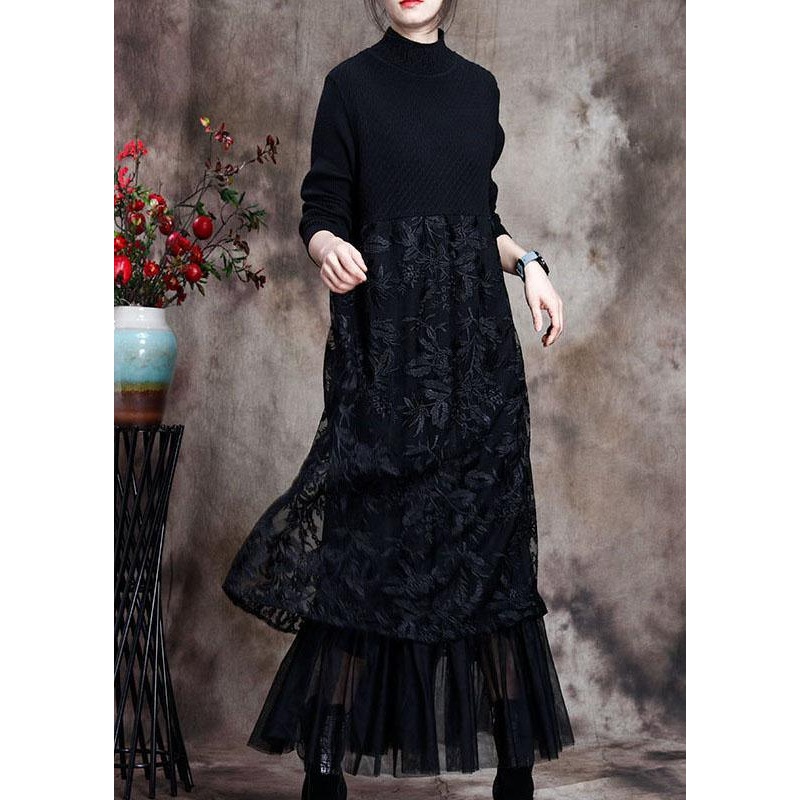 Women Black Knit Patchwork asymmetrical design Fall Knit Dress