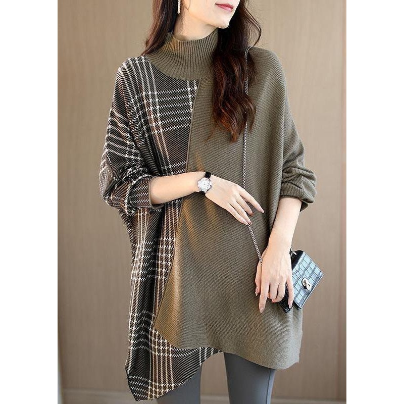 Women Brown Turtleneck Patchwork Plaid Casual Fall Sweater