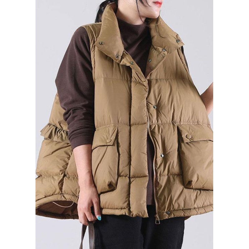 Women Coffee Ruffled Pockets Duck Down Sleeveless down vest