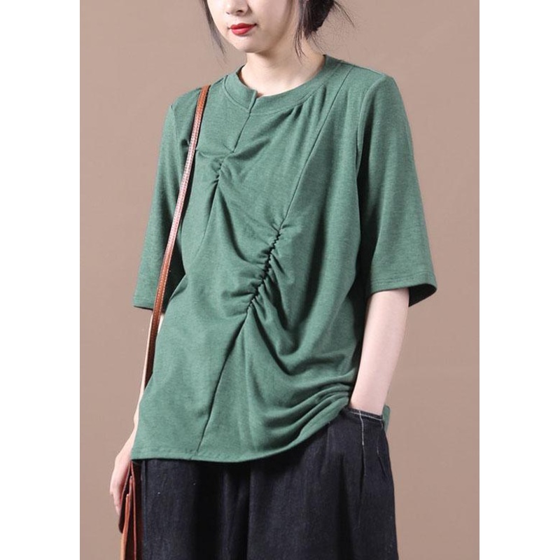 Women Green wrinkled Knit Blouses Half Sleeve
