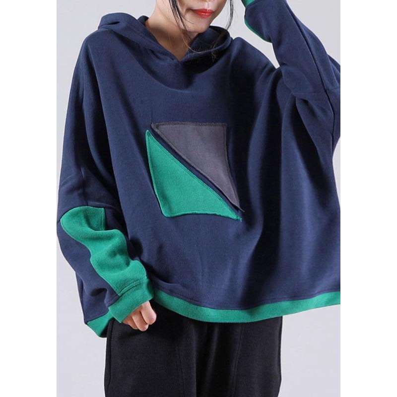 Women Navy Hooded Pockets Warm Fleece Sweatshirts Top Winter