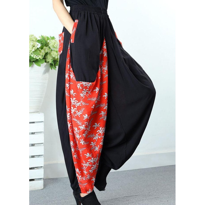 Art Black Patchwork Orange Pockets Print Spring Pants