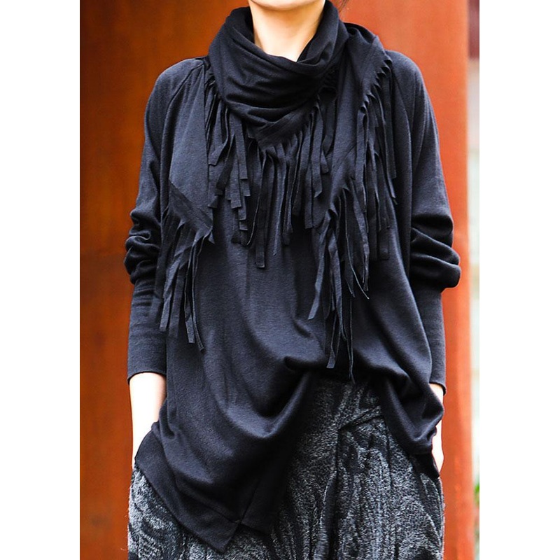 Beautiful Black O-Neck tasseled asymmetrical design Spring Tops Long sleeve