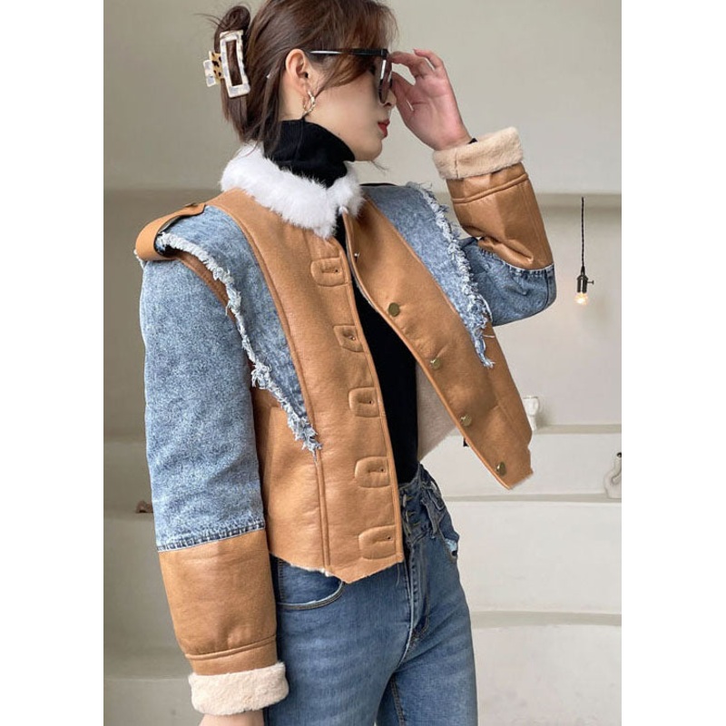 Beautiful Blue Asymmetrical denim Patchwork Jackets Winter
