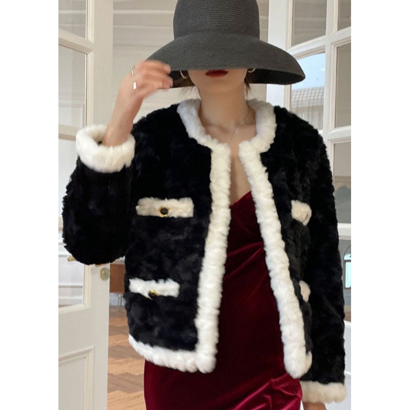 Black Patchwork Pockets Faux Fur Winter Coats