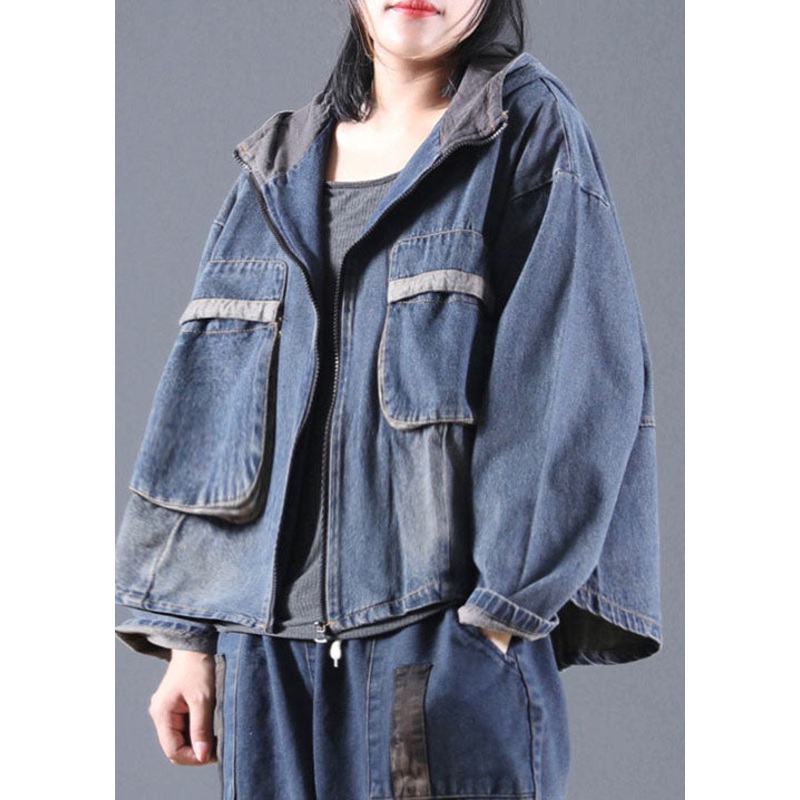 Blue Pockets denim Jacket Zip Up Spring