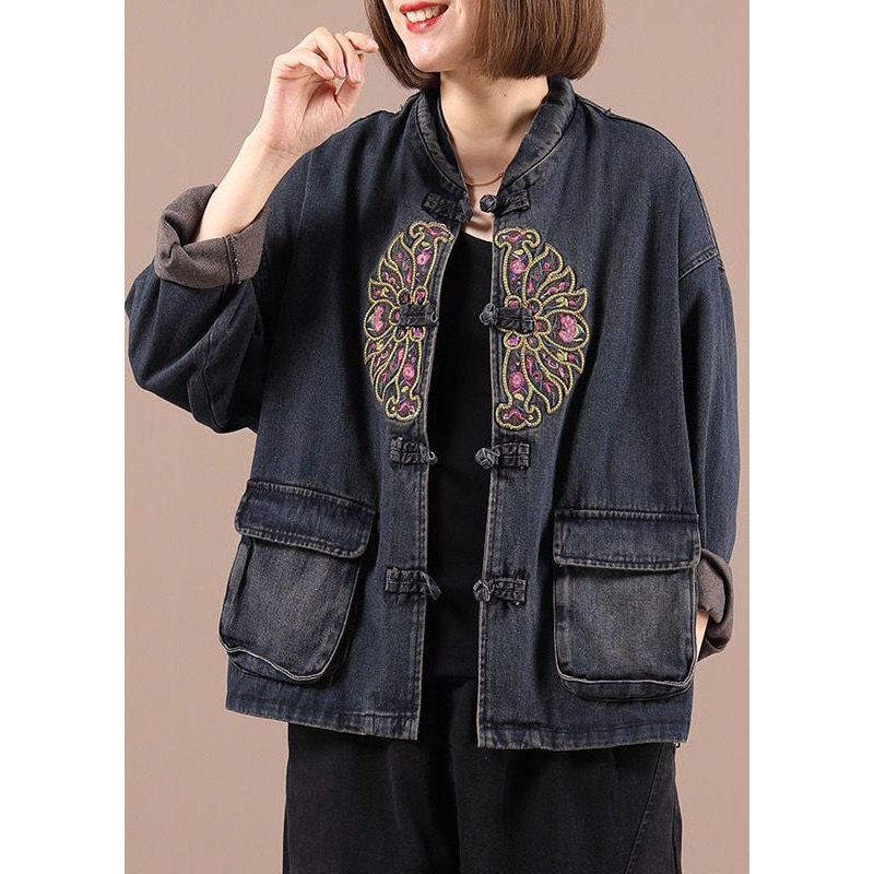 Boho Black Button Embroidered Pockets Fall Denim Jackets