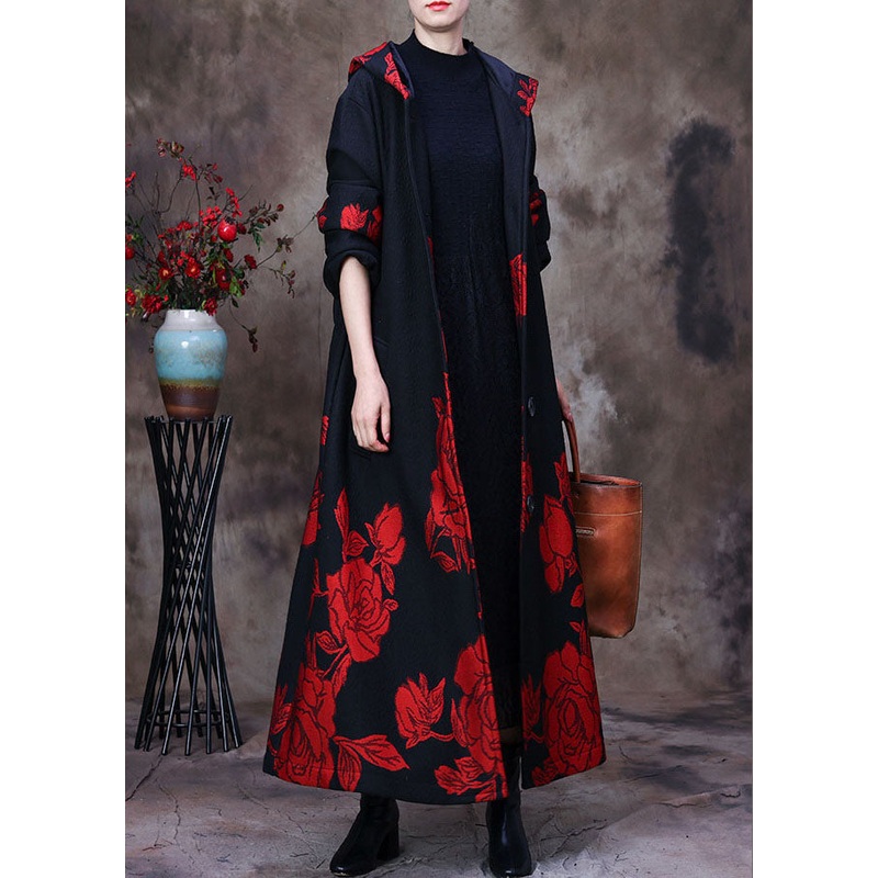 Boutique Red Hooded Print Warm Fleece Coat Winter
