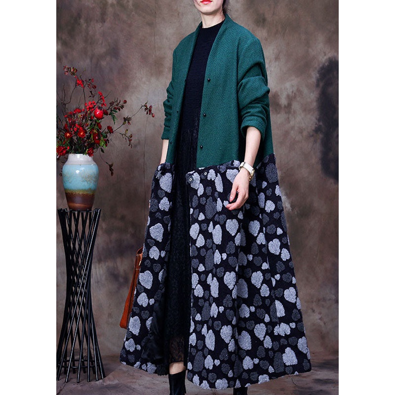 Chic Green V Neck Patchwork Cashmere Coats Winter