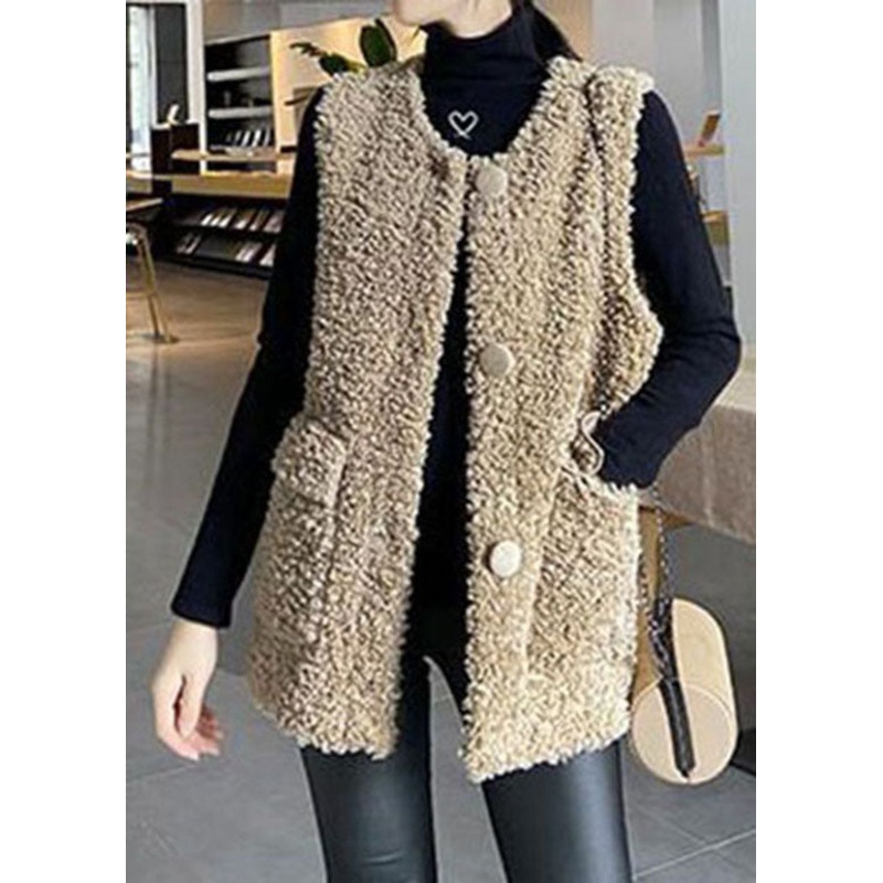 Classy Khaki Button Pockets Faux Fur Winter waistcoat