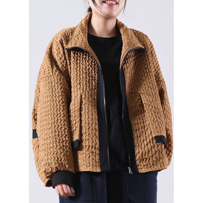 Coffee Patchwork Corduroy Zip Up Spring Coat