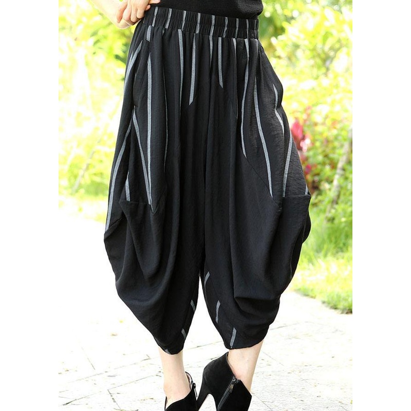 Comfy Black Striped Patchwork asymmetrical design Crop Spring Pants