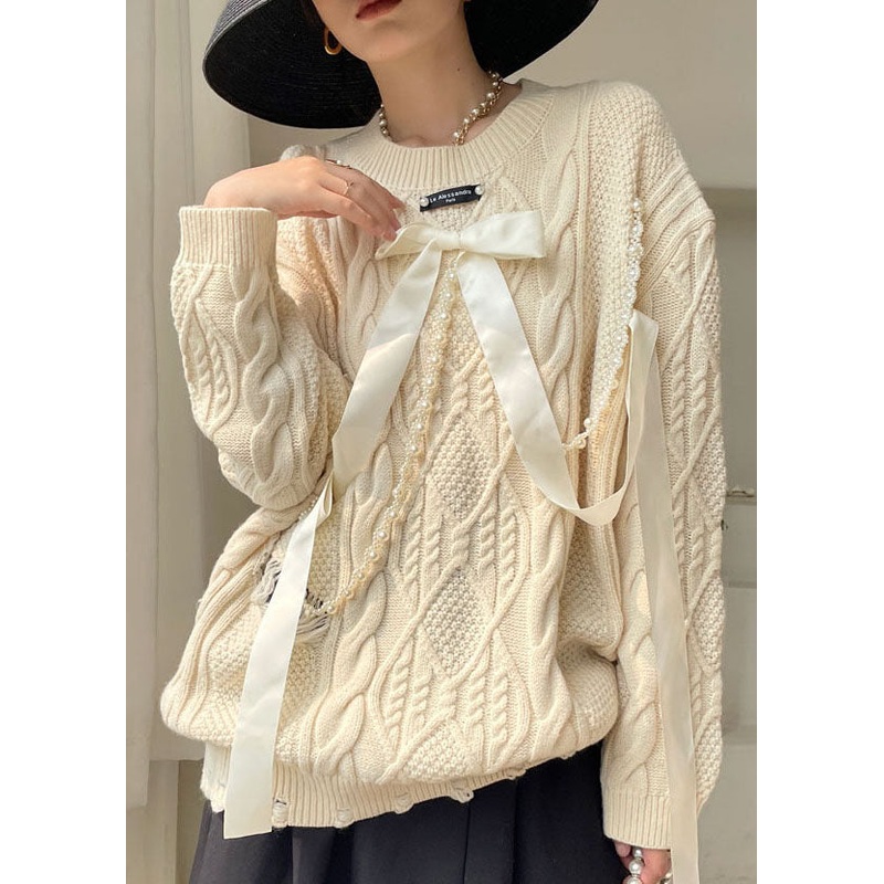 diy Apricot Bow Hole Knit sweaters Spring
