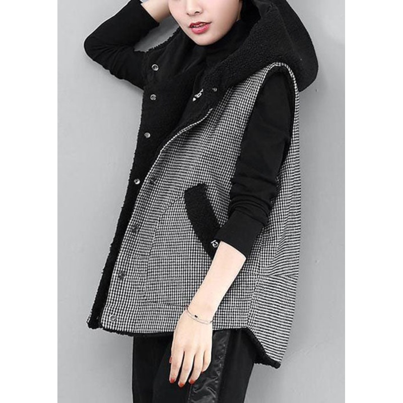 diy Black Hooded Plaid Patchwork Faux Fur Winter waistcoat