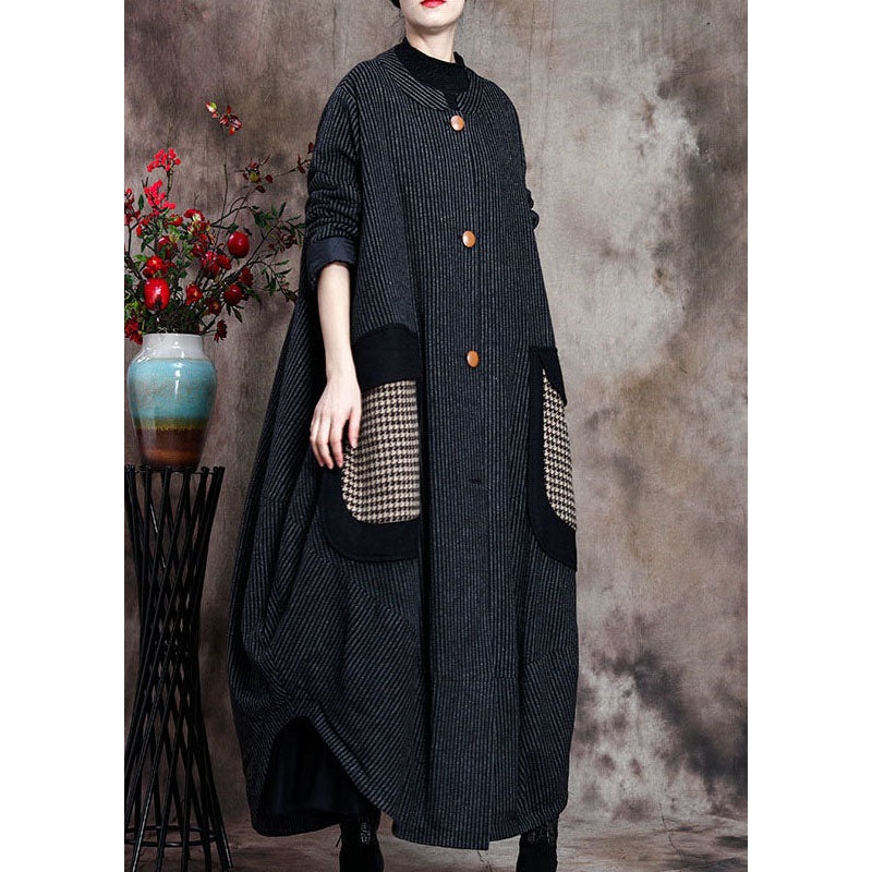 DIY Grey Asymmetrical Striped Woolen Coats Winter