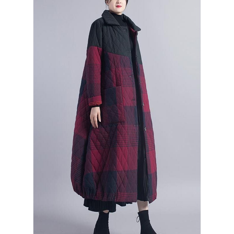 DIY Red Plaid Patchwork Fine Cotton Filled winter coat