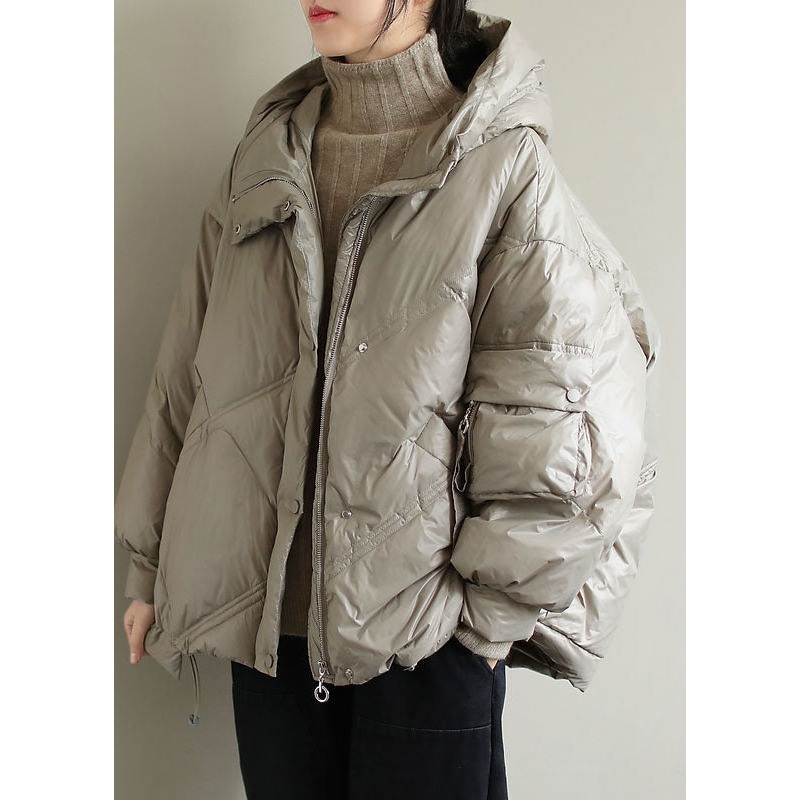 Elegant Beige Hooded drawstring Duck Down Down Jacket Winter